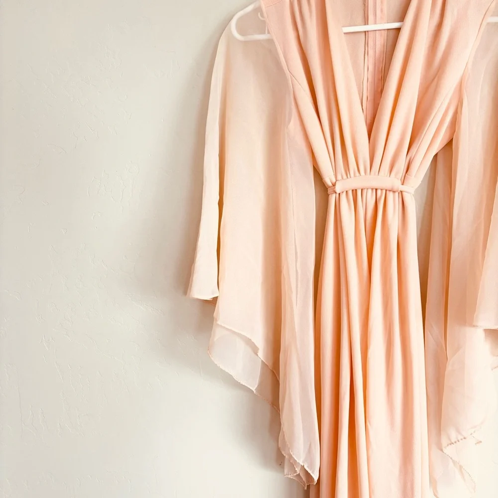 Vintage 1970s Peach Angel Wing Sleeve Deep V-neckline Empire Waist Maxi Dress - Picture 9 of 15